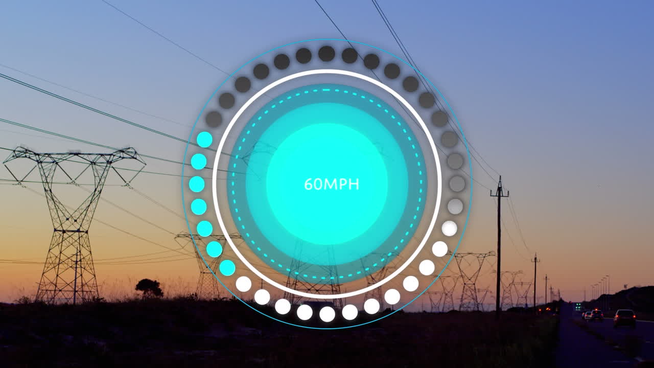 해가 지는 하늘에 맞춰 여러 모바일 타워에서 스피도미터의 애니메이션