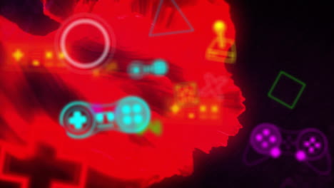 animación de múltiples símbolos, formas y consolas de juegos sobre un patrón abstracto rojo