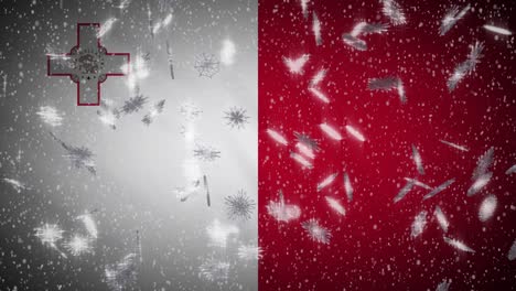 bandera de malta caída de nieve en bucle, año nuevo y fondo de navidad, bucle