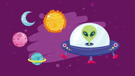 cute alien in spaceship with planets and sun