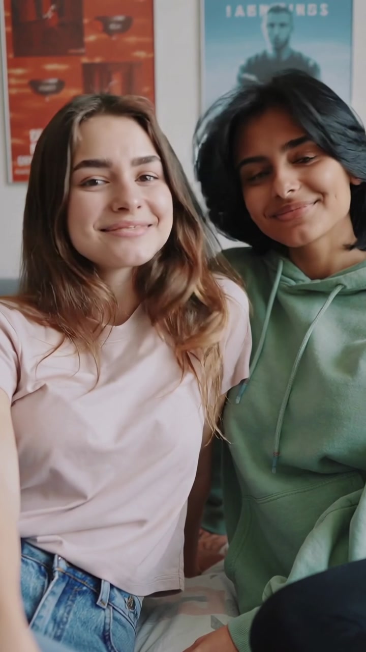 Vertical video: Posing friends reaching phone taking selfie on bed with hoodie, posters for memory