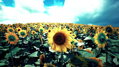 bright sunflowers blooming in a vast field under a blue sky with clouds