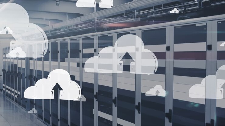Animation of cloud icons with arrows over moving bars against server room in background