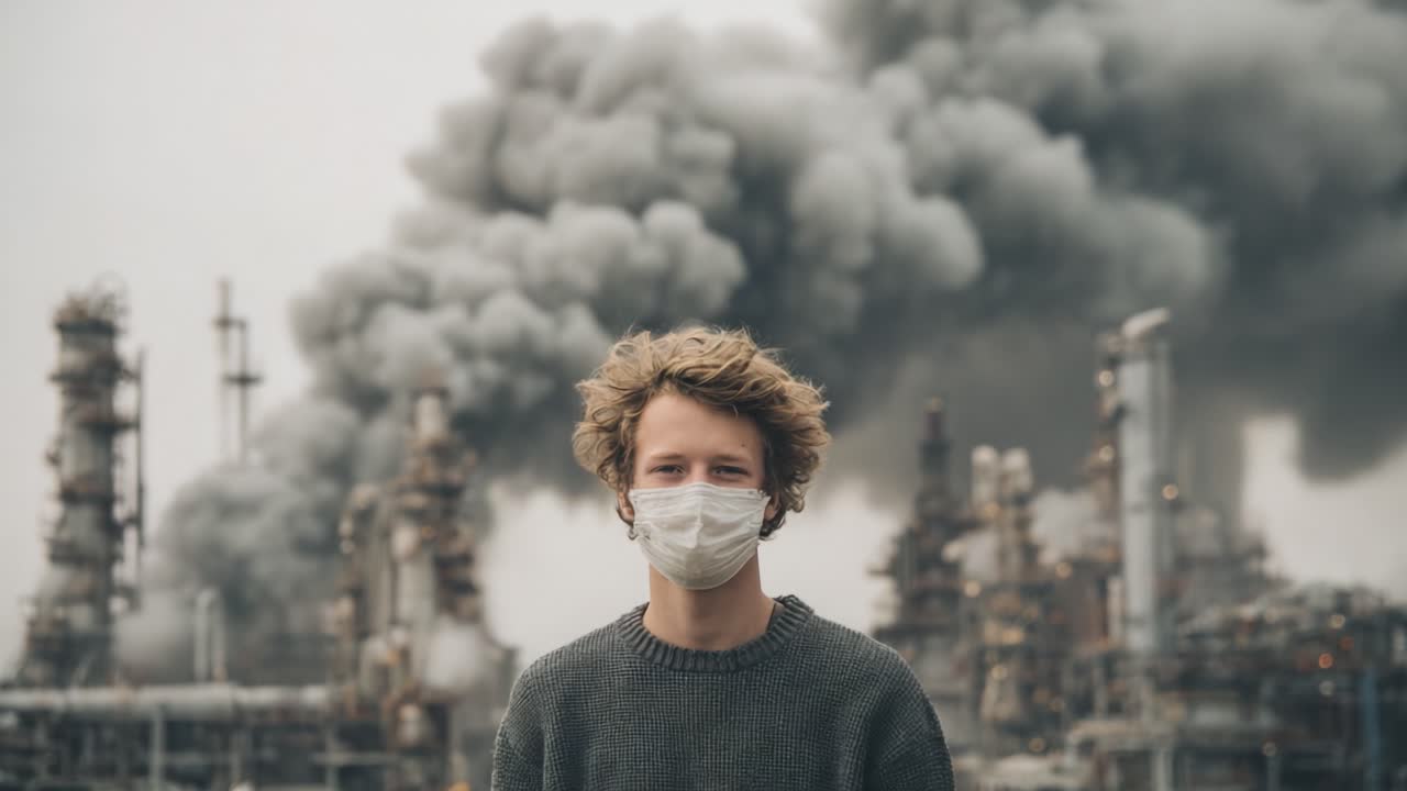 Um Indivíduo Resiliente Permanece em Meio à Poluição Industrial e Fumaça, Destacando Preocupações Ambientais e o Impacto da Indústria na Saúde Humana.