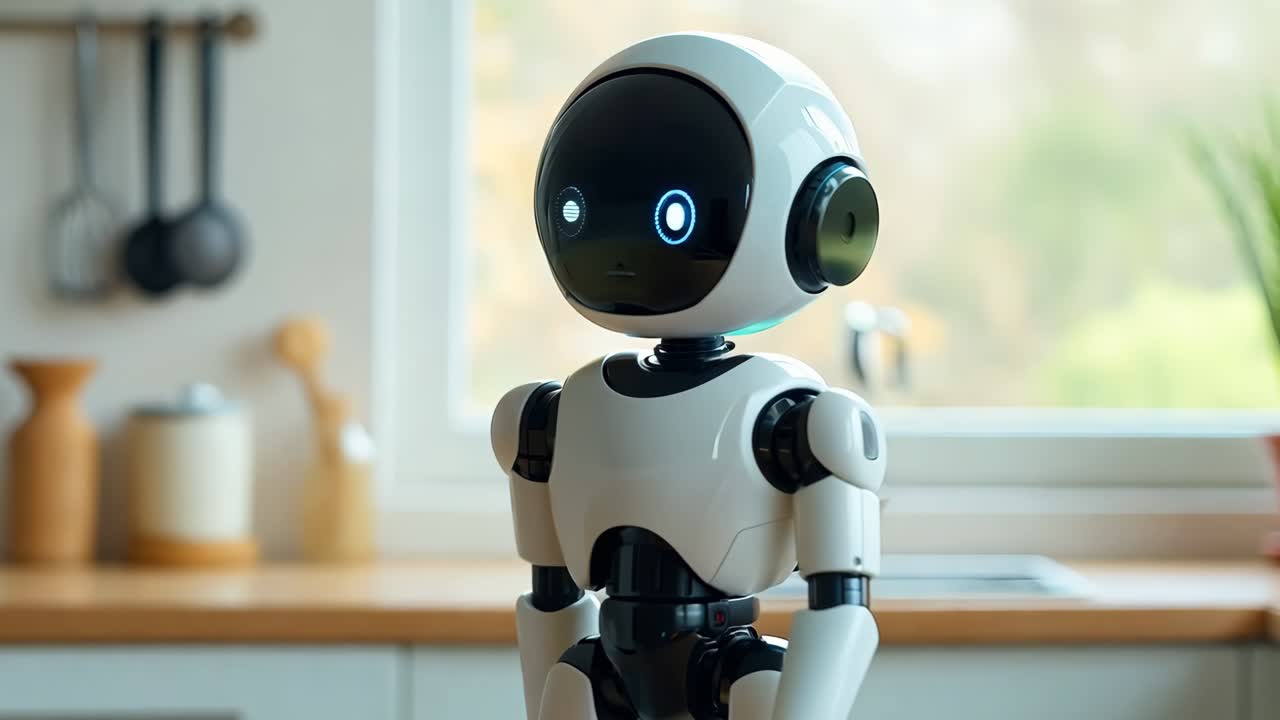 un robot de pie en un mostrador de la cocina junto a un plato de verduras