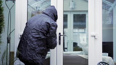 ladrón tratando de entrar en una casa por las puertas del patio
