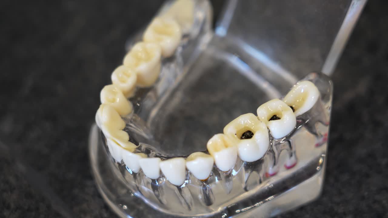 Close-up of a dental model showing implanted teeth