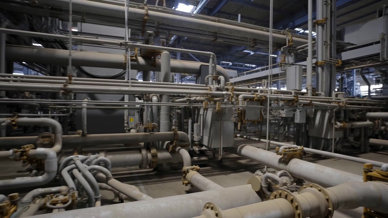 static scene of industrial pipes and valves in a neutral metallic setting with wide-angle perspective and gray, white, black, blue tones for a clean commercial background with copy space.