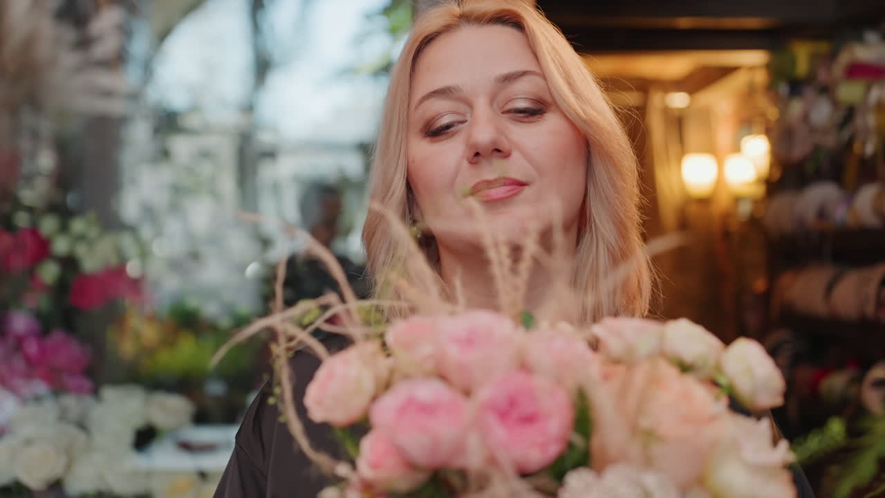 Fiorista che presenta un bouquet in cesto di vimini, sorridendo alla macchina fotografica in una boutique luminosa. Tiene rose rosa e fogliame, con un'illuminazione calda della vetrina. Ritratto ravvicinato, espressione gioiosa, lavoro completato.