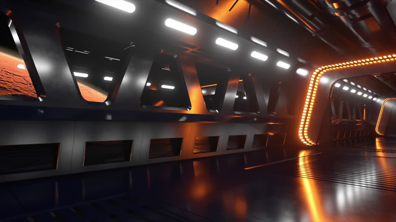 Sci-fi tunnel in outer space with neon light. Planet Mars outside the window of the spaceship. Space technology concept. 3d animation of a seamless loop