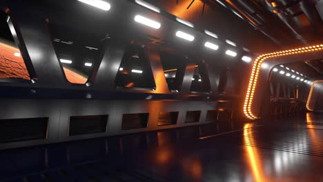 sci-fi tunnel in outer space with neon light. planet mars outside the window of the spaceship. space technology concept. 3d animation of a seamless loop