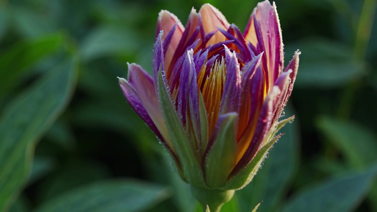 Tidsforløp av en lilla og gul blomsterknopp som blomstrer