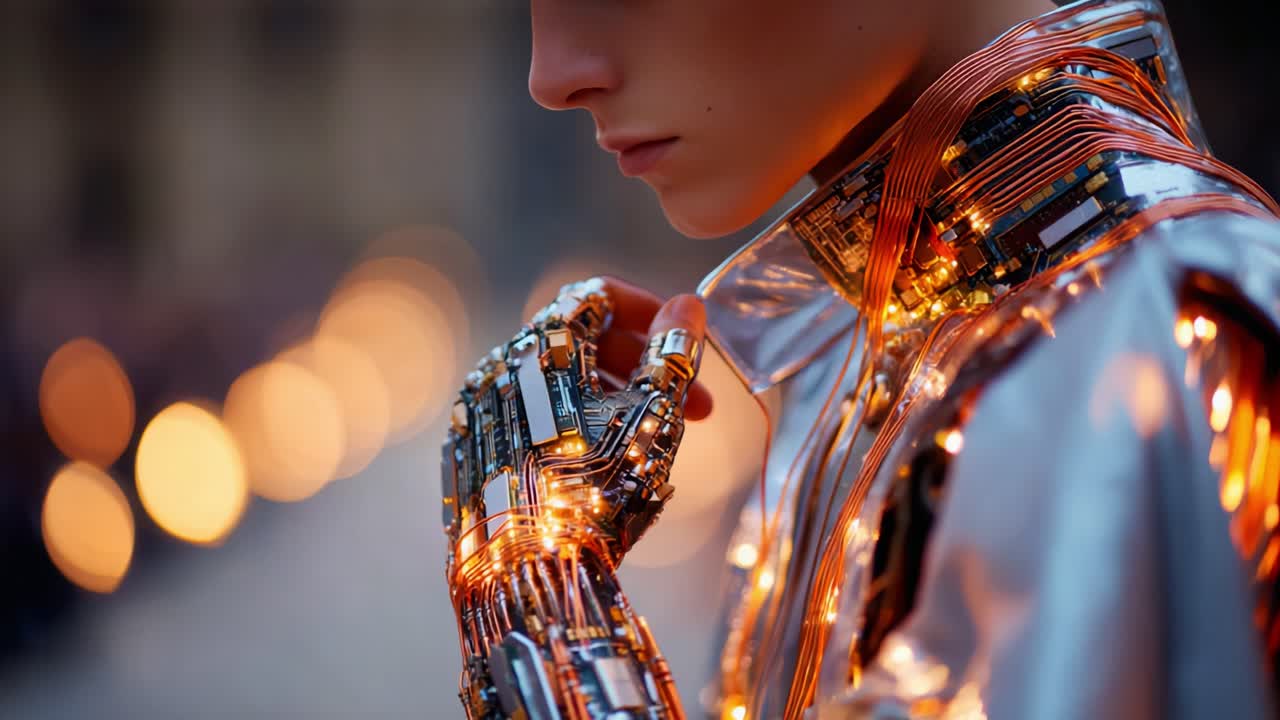Moda futuristica: primo piano di una modella che indossa un abito d'avanguardia con circuiti complessi ed elementi luminosi, che mette in risalto la fusione tra tecnologia e arte nel design moderno