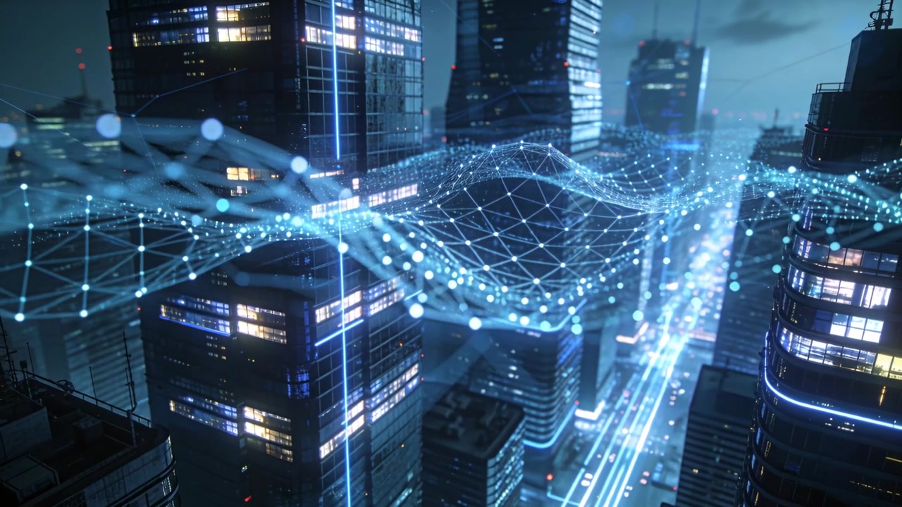 Faint grid appearing, sweeping blue mesh moving over midtown at night, pulsing nodes, light trails