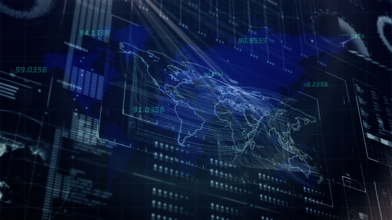 animación del procesamiento de datos sobre el mapa del mundo