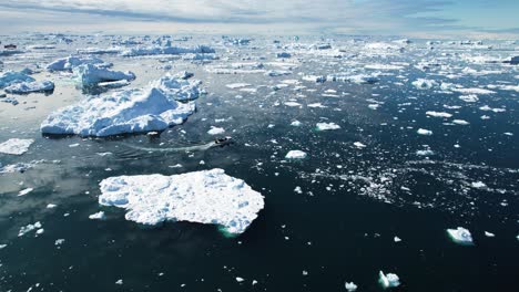 Scientist-sailing-through-melting-icebergs-in-Greenland,-aerial-view