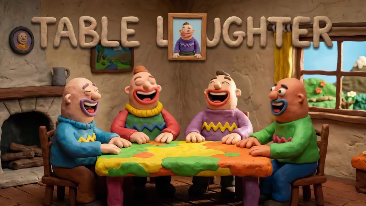 Claymation Characters Laughing Around a Colorful Table