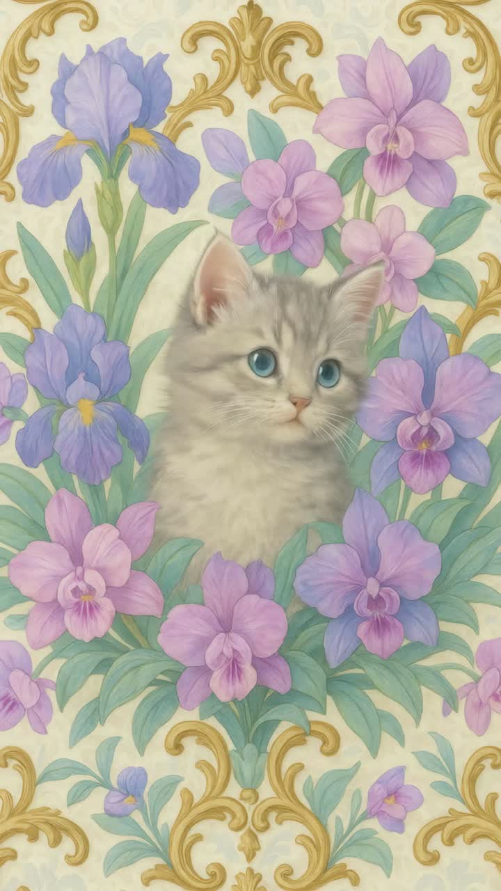 A vintage-style video concept featuring a kitten surrounded by ornate flowers
