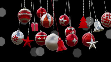 animación de decoraciones de bolas de navidad sobre fondo negro