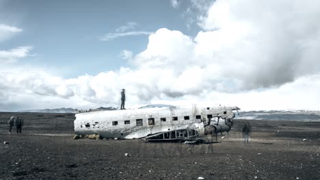 4k timelapse of plane wreck on black sand beach in iceland.