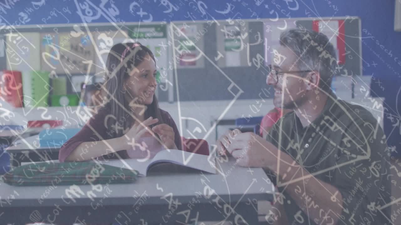 Teacher holding finger shape guiding student signing practice using phone and workbook in education