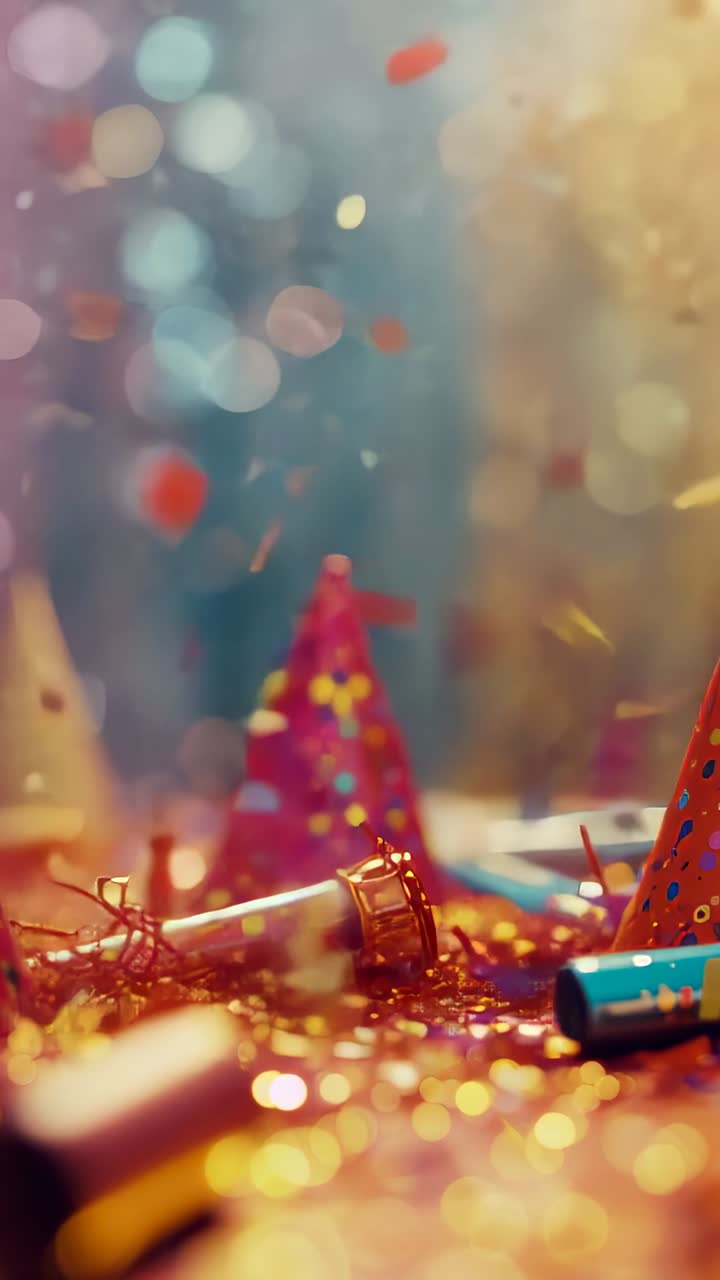 Vertical video: Breeze blowing confetti over hats and blowers on party table, creating joy