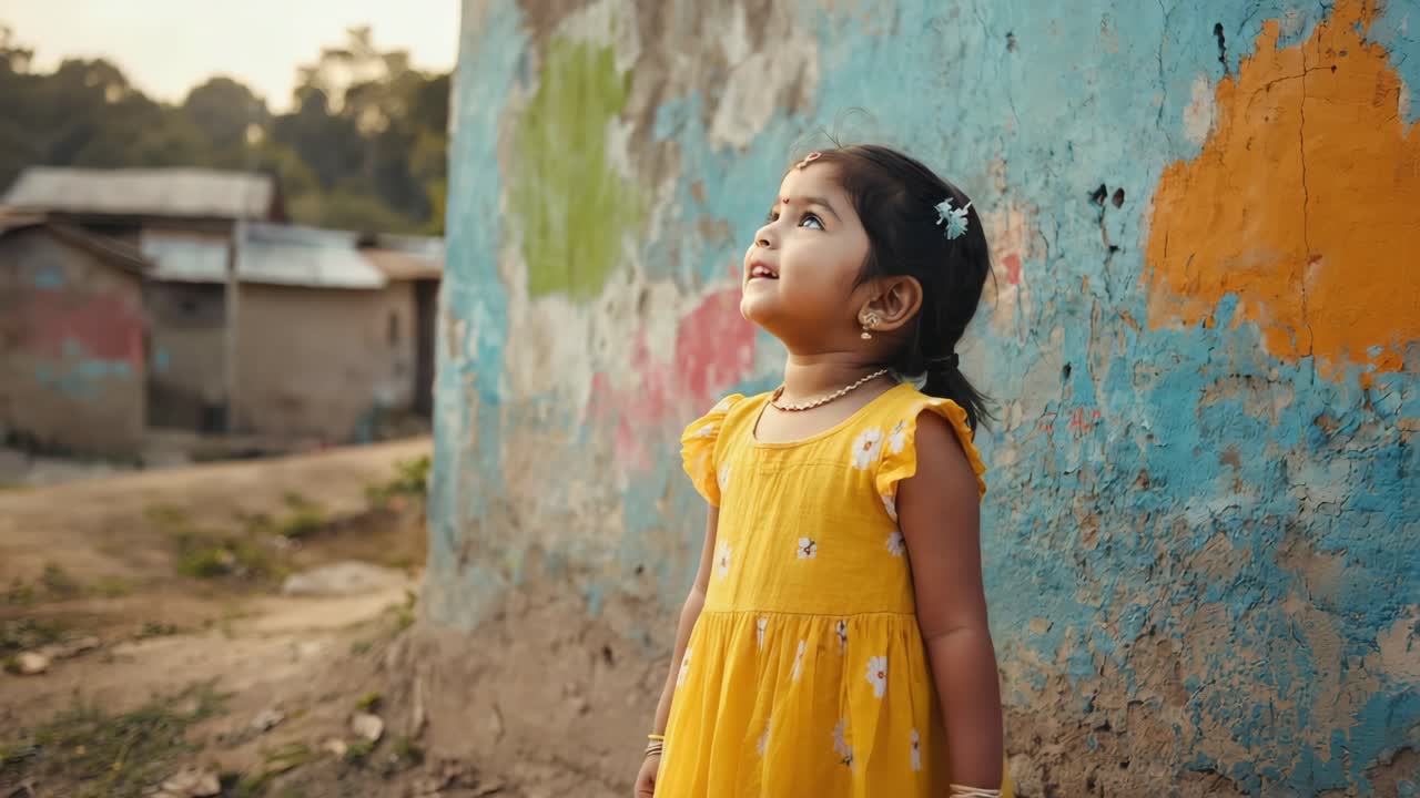 Little girl wearing a yellow dress is looking up with hope, standing next to a colorful wall in a poor neighborhood, dreaming of a better future