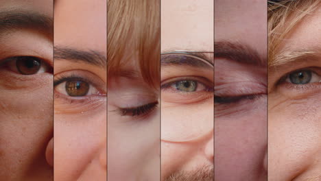 colage diverso de hombres felices, alegres, auténticos, mujeres, ojos de niños, primeros planos, caras sonrientes, retratos.
