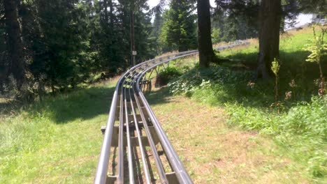 rollercoaster going downhill in the forest in a first person view