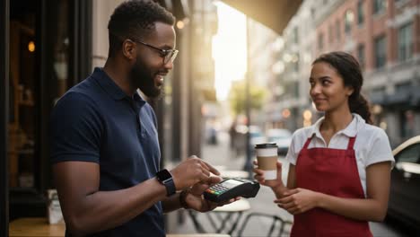 Customer Enjoys Smooth Transaction at Local Cafe as Barista Hands Over a Fresh Coffee, Showcasing Friendly Service and Modern Payment Technology