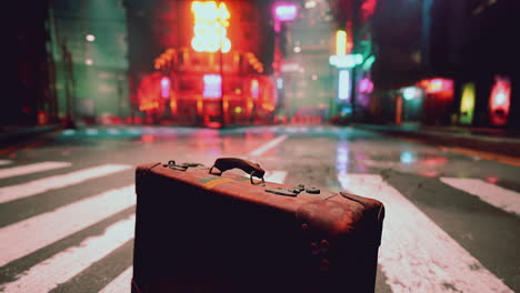 cyberpunk city night with a suitcase