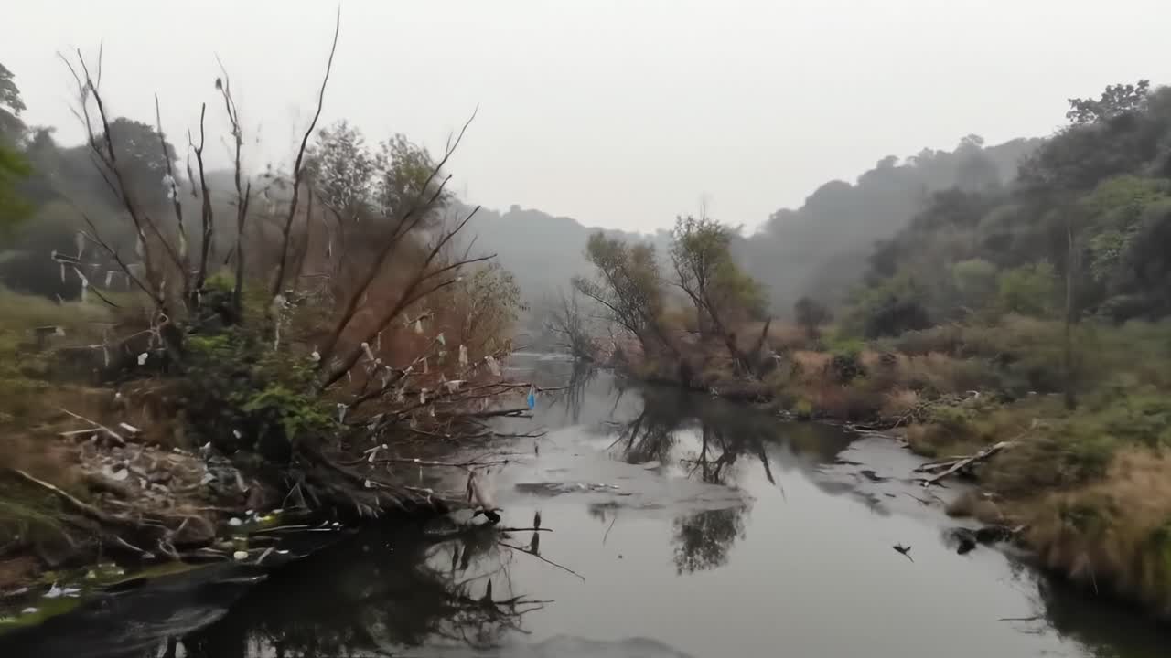 Serene River Landscape with Overhanging Trees and Misty Background Captured at Dawn, Showcasing the Beauty of Nature in a Remote Setting