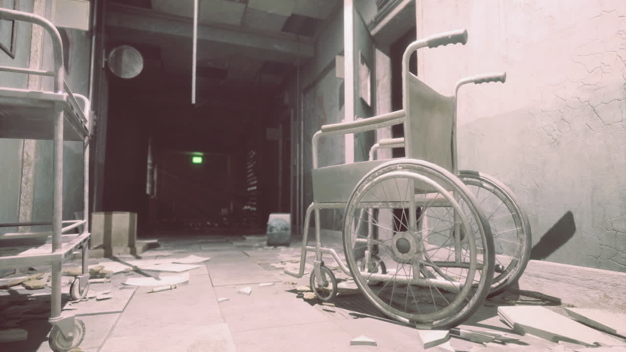 пустой коридор с заброшенными инвалидными колясками и разбросанными обломками в темном пространстве