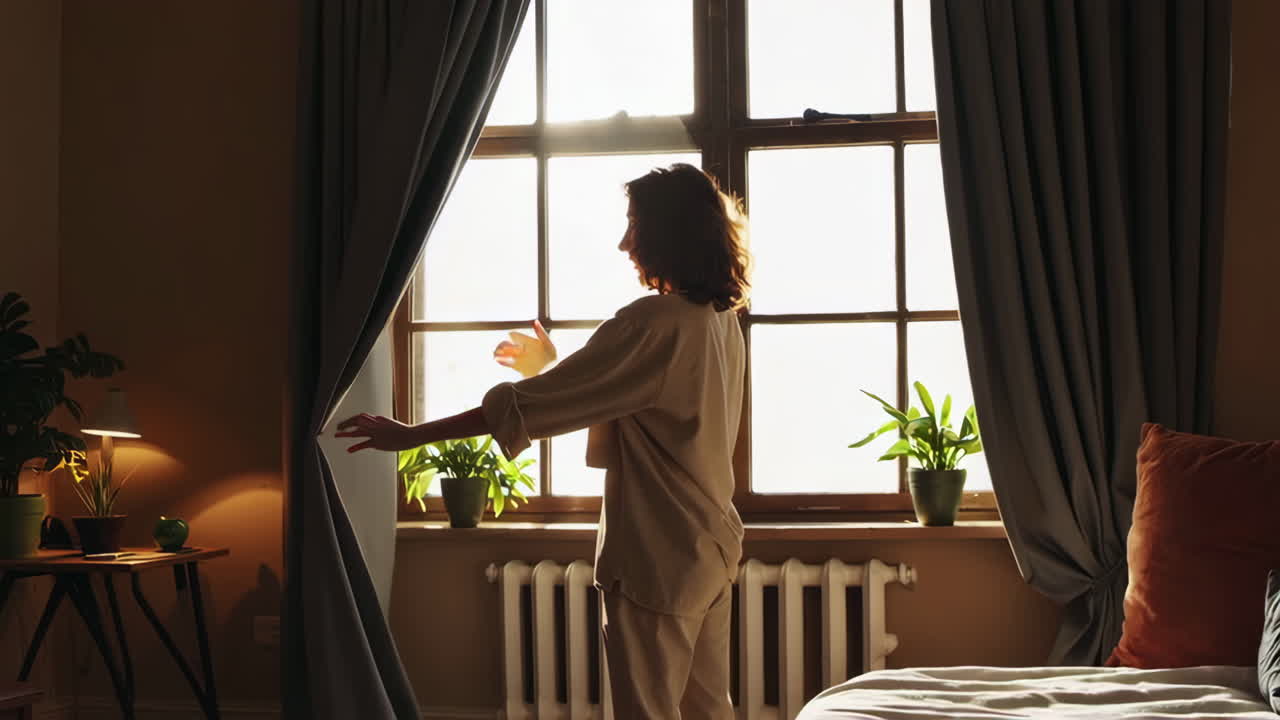 Donna in piedi vicino alla finestra in una camera da letto accogliente