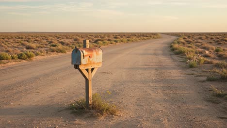 a solitary mailbox stands alongside a dusty desert road, surrounded by endless fields of green shrubbery and a clear blue sky at dusk