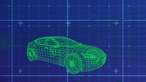 animation of data processing and shapes over digital car on blue background