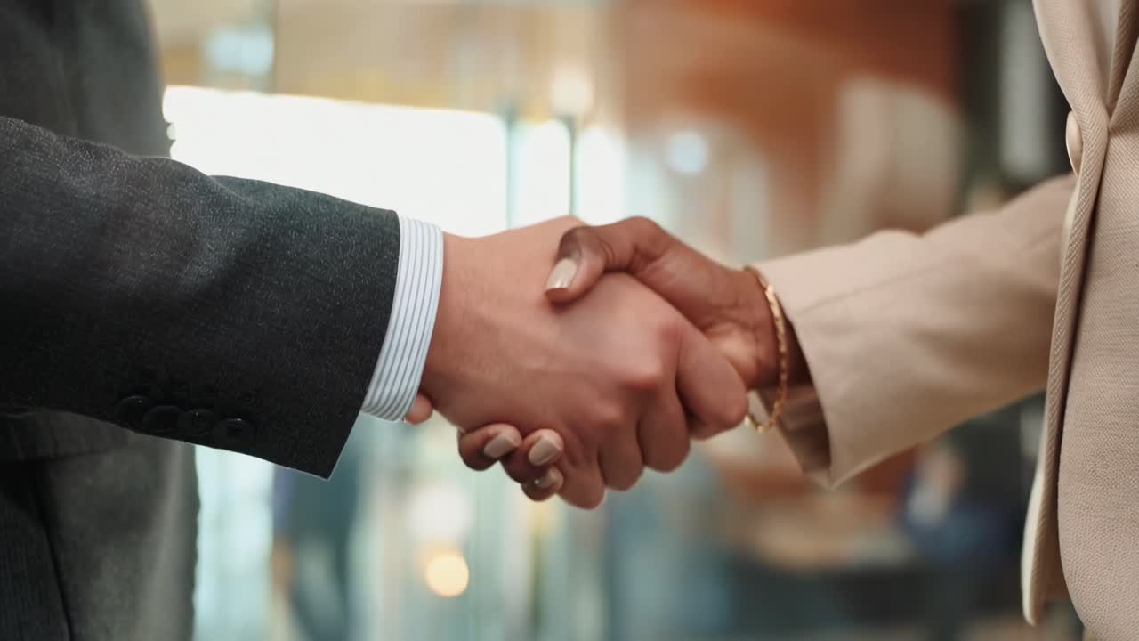 Video ravvicinato di una stretta di mano tra due professionisti, ripreso da un angolo laterale