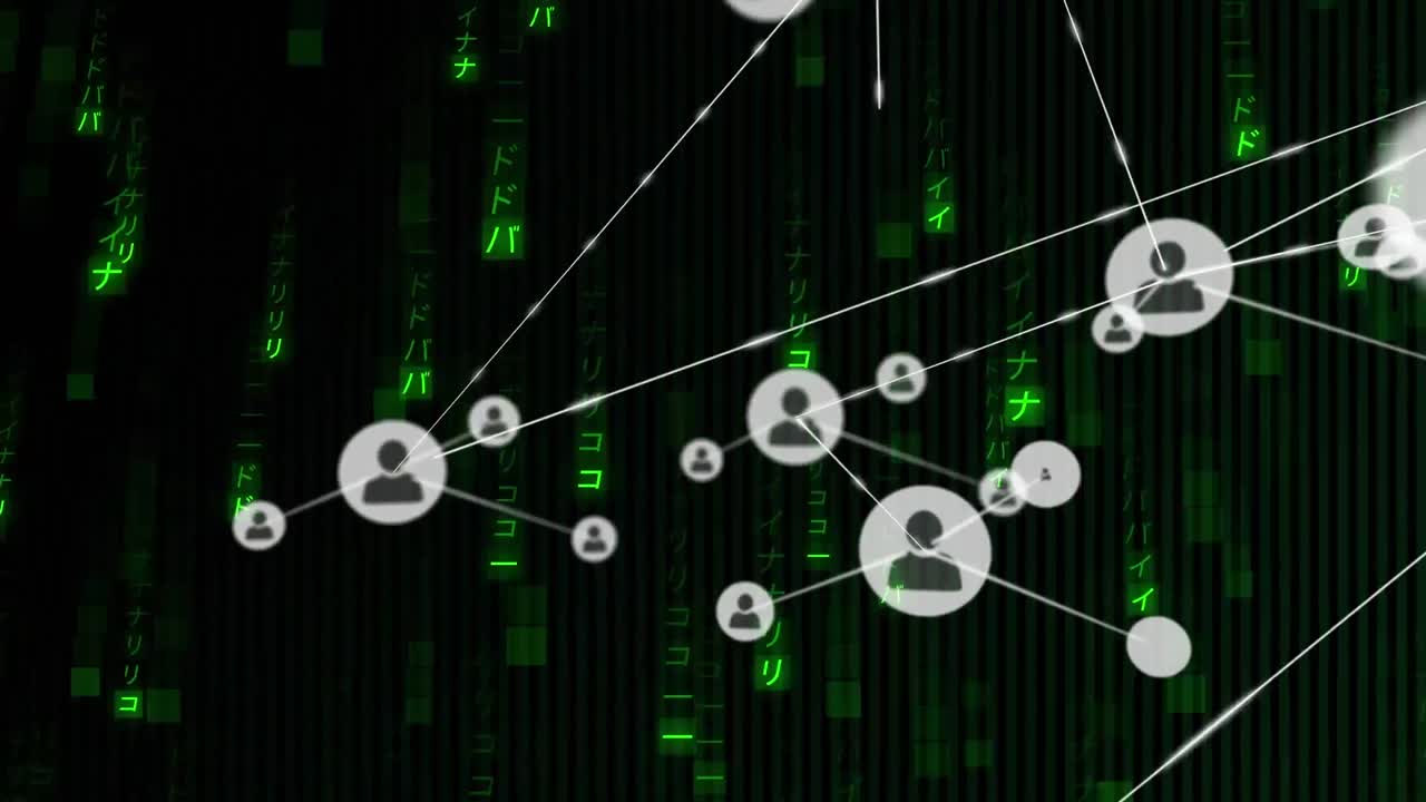 Animation of network of profile icons and light trails falling against black background