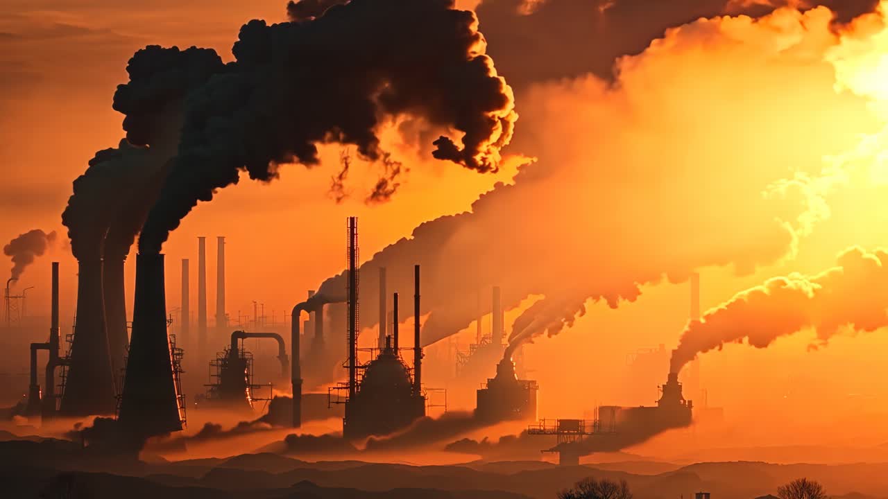 una fábrica con humo saliendo de las chimeneas al atardecer