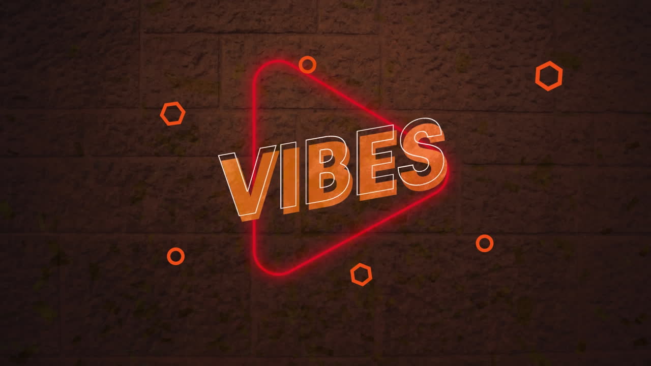 animación digital de vibraciones banner de texto sobre neón rojo icono de juego contra la pared de ladrillo