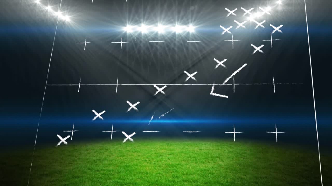 Animation of sports stadium over plan of stadium