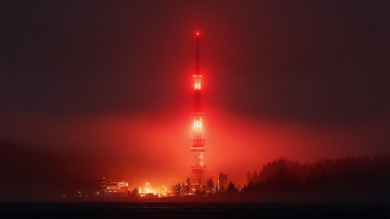 Glowing red beacon on a communication tower piercing through the thick fog at night, illuminating the surrounding forest and broadcasting a powerful signal into the mysterious dark sky