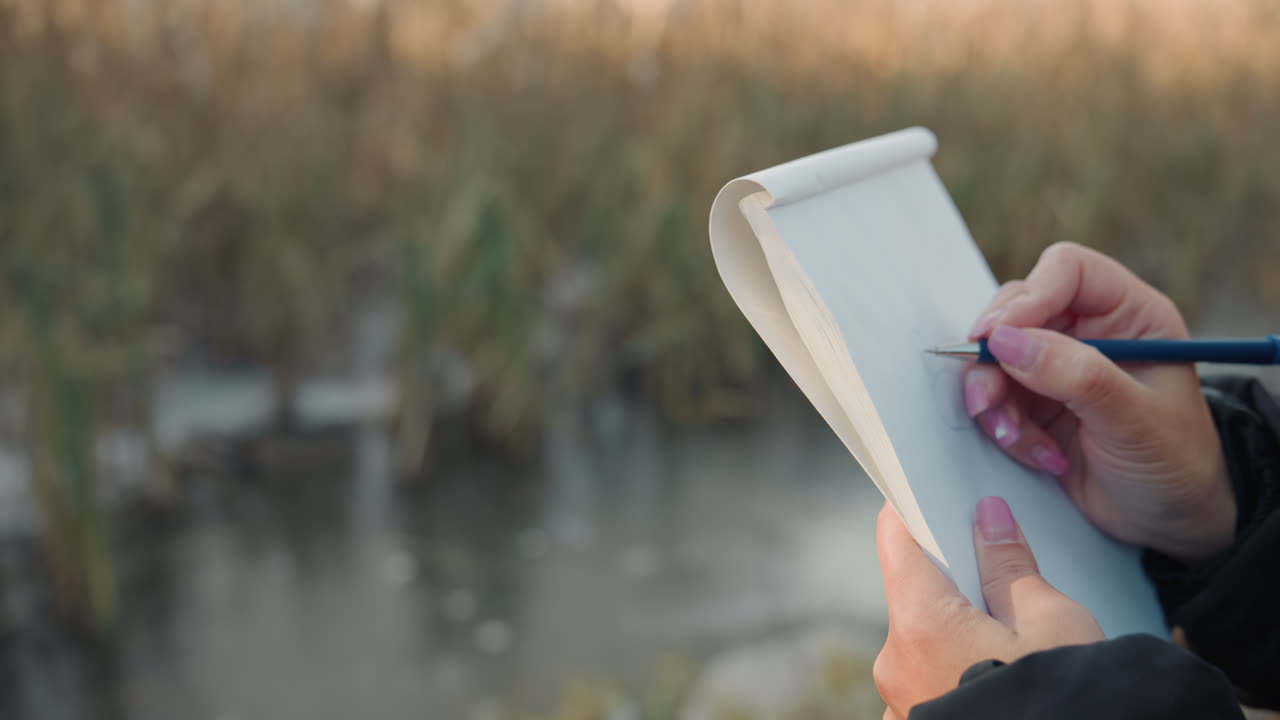 Close up hands sketching marsh reeds, field observer taking careful notes in small notebook with pen, soft golden light on tall cattails and still pond, contemplative mood, damp shoreline textures