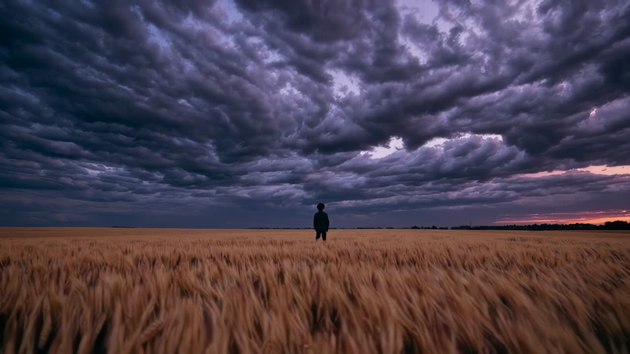 Person in a Wheat Field Under Storm Clouds