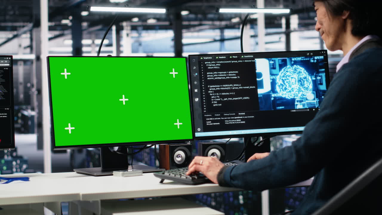 Data Center Technician Uses Machine Learning Algorithms On Isolated Screen Pc