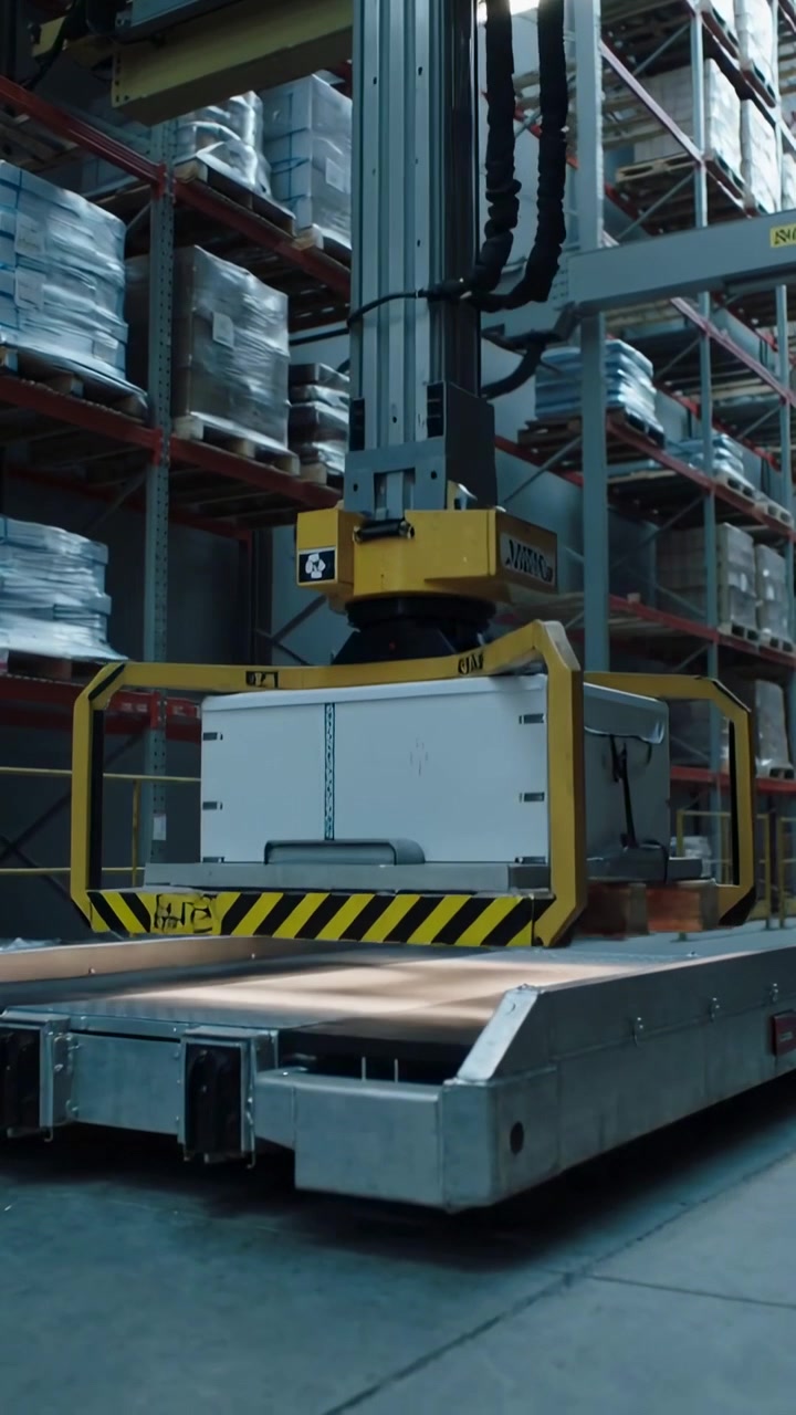 Vertical video: Lowering yellow lift placing white load on flatbed while rail moving to transfer