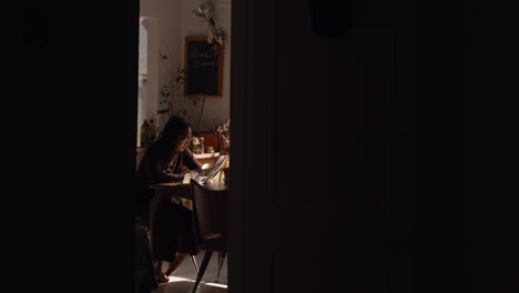 voyeristic view of a woman working on her laptop computer as she types on her keyboard in an apartment livingroom down town