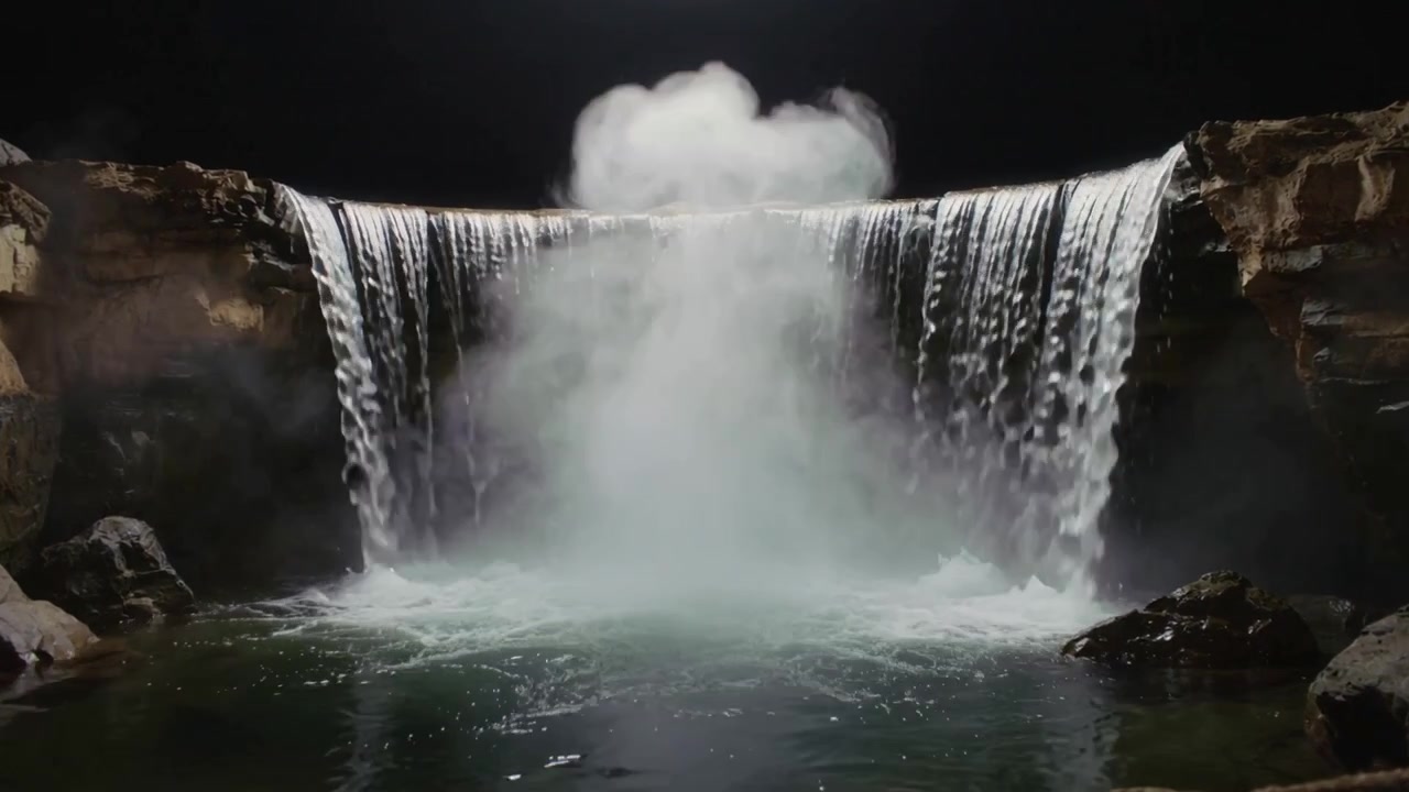 Cortina de cascada que se derrama fluyendo sobre la cresta, generando una columna de rocío tras el impacto en la piscina, iluminada desde arriba.