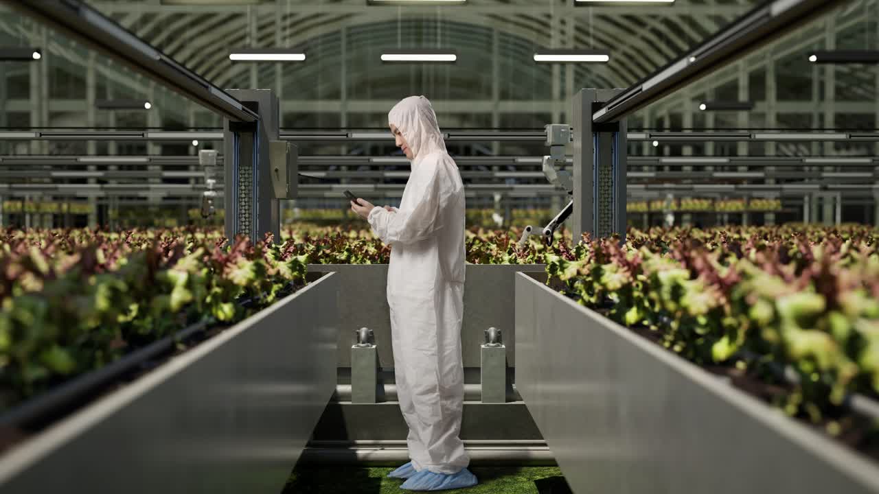 스마트 로 농부 들 과 함께 온실 에 서 있는 동안 스마트폰 을 사용 하는 아시아 사람 연구자 의 몸 전체 의 측면 시각