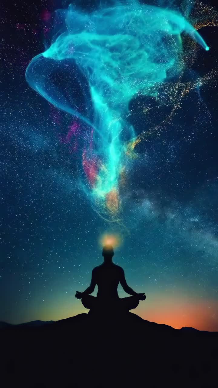 Sagoma che medita sotto un cielo stellato con un flusso di energia vibrante, ripresa da un'angolazione bassa